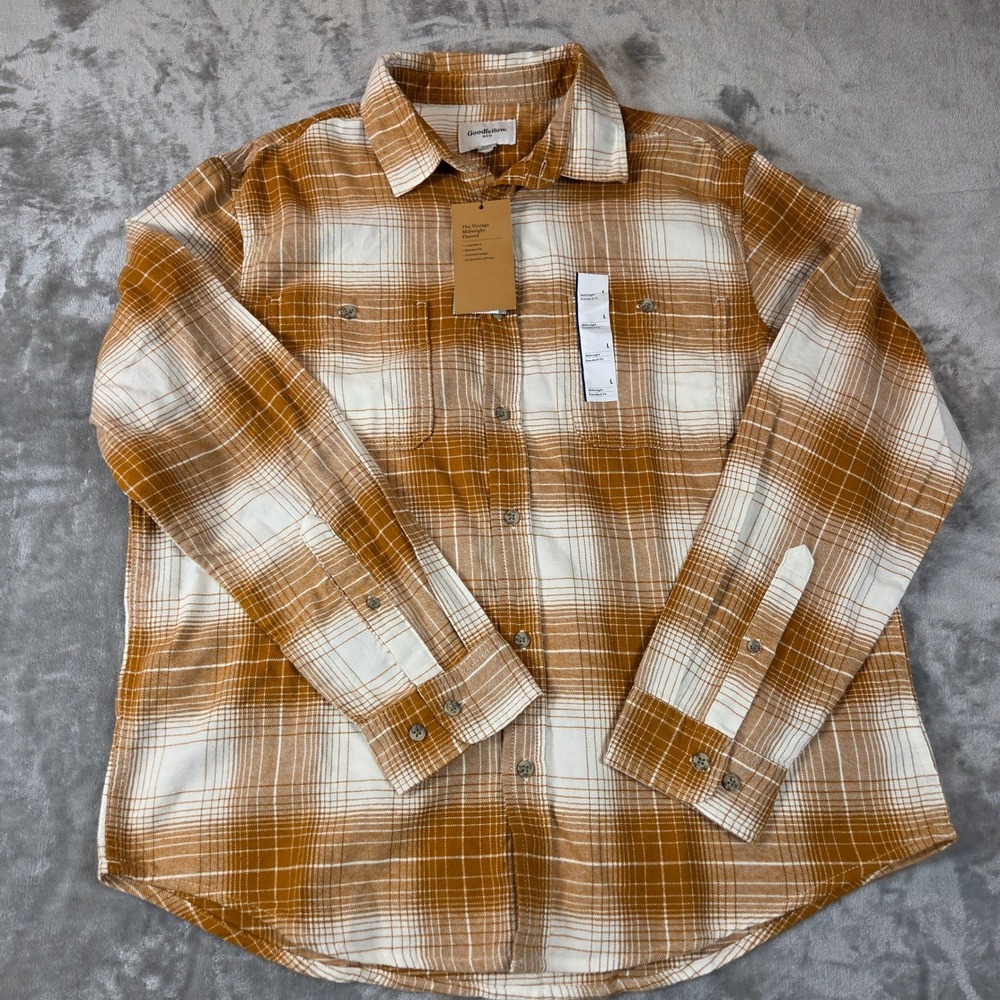 Goodfellow & Co Gorpcore Plaid Flannel Shirt Orange White Large NWT